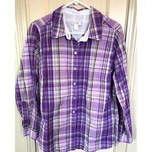 CJ Banks Womens LG Purple Plaid Long Sleeve Button Up Shirt